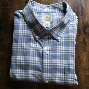 L.L. Bean Traditional Fit Mens Dress Shirt, XXL - Blue  & Light Yellow Plaid